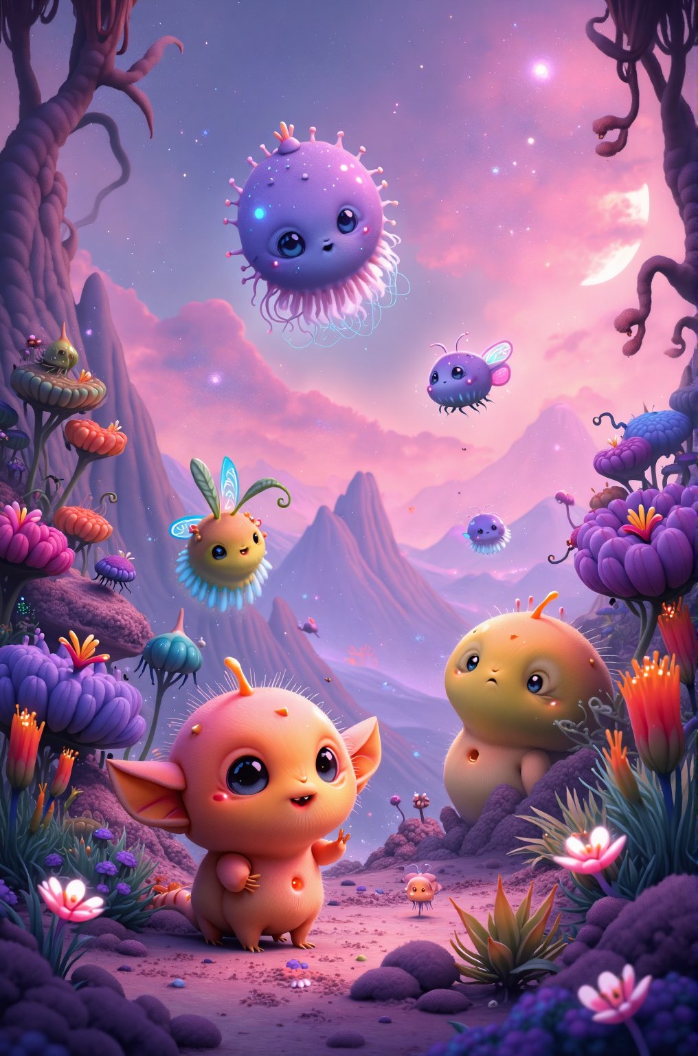 Create a vivid and imaginative scene of cute, alien interplanetary creatures with unique and never-before-seen features. These creatures have vibrant colors, unusual shapes, and adorable, expressive eyes. They are small, playful, and appear curious, living in an environment filled with strange, exotic plants with glowing leaves and flowers of bizarre, unearthly shapes. The fauna includes floating, jellyfish-like beings that hover in the air, and small, insect-like creatures with iridescent wings. The landscape is otherworldly, with soft, luminescent terrain and a sky that shimmers in shades of pink and purple