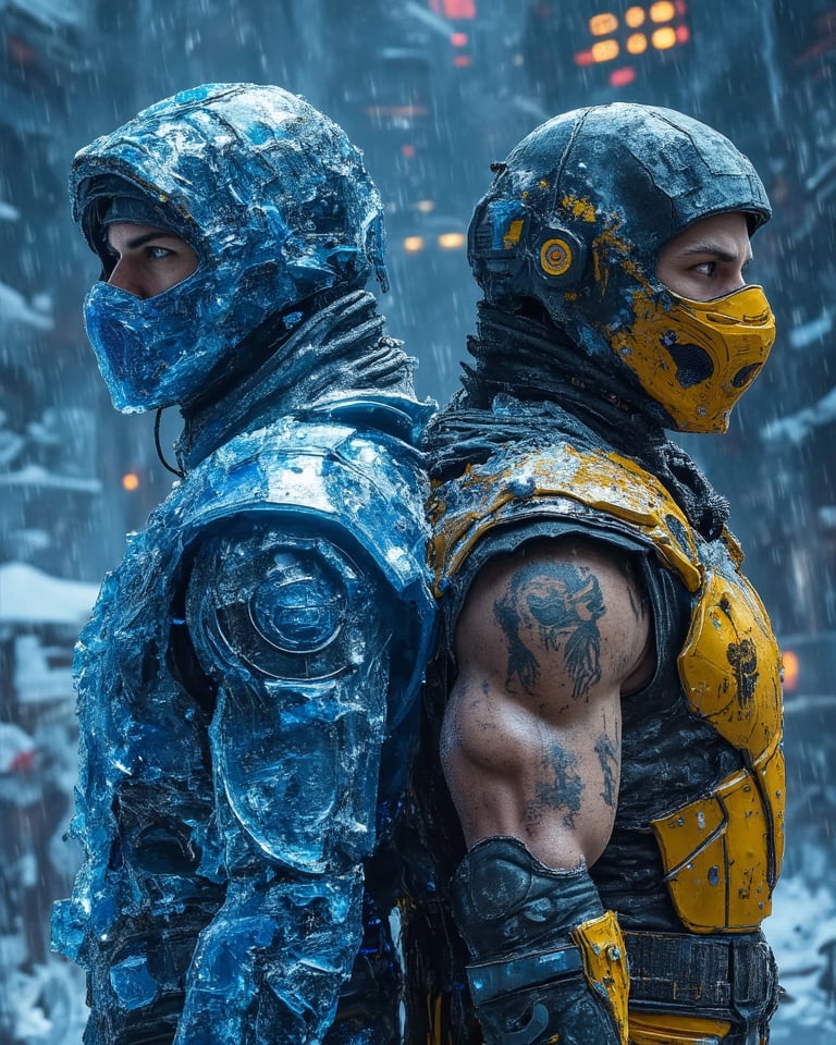  male, sub-zero frozen, blue mask, male, scorpion, yellow mask, standing together, back to back, view from above, mortal kombat series