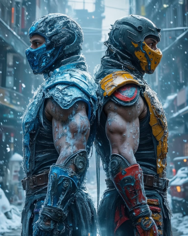  male, sub-zero frozen, blue mask, male, scorpion, yellow mask, standing together, back to back, view from above, mortal kombat series