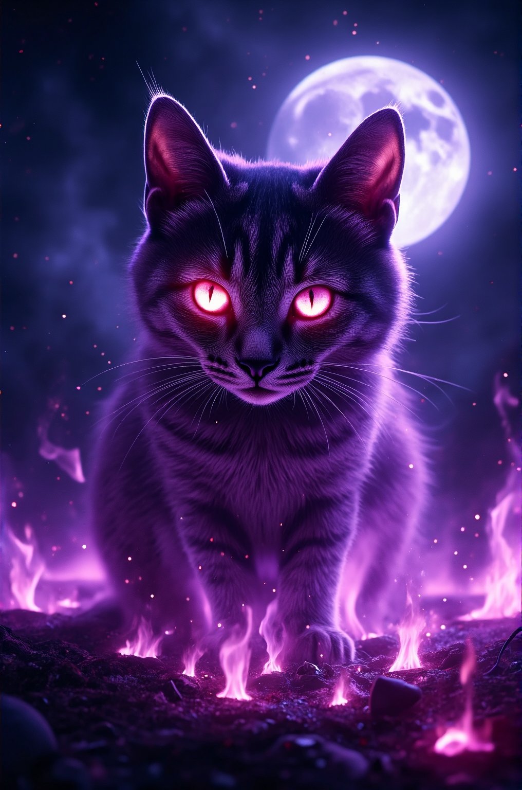 masterpiece,high resolution,super realistic, ,cinematic lights,realistic flames, onfire,cat,purple flames,night,moon,cat focus,halloween,scary,glowing cat eyes