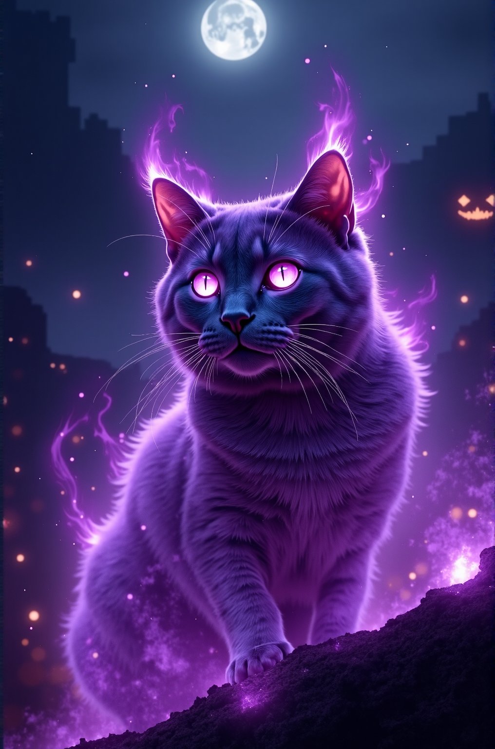 masterpiece,high resolution,super realistic, ,cinematic lights,realistic flames, onfire,cat,purple flames,night,moon,cat focus,halloween,scary,glowing cat eyes