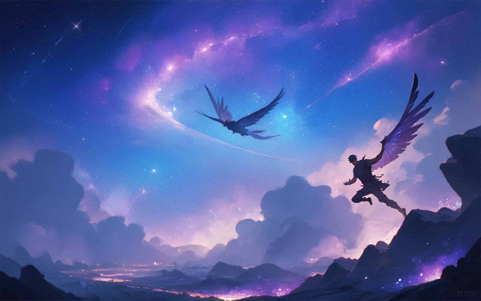 score_9,score_8_up,score_7_up, fantasy, 1boy, galaxy theme, purple stars flying, fantasy art, digital art, illustration, background