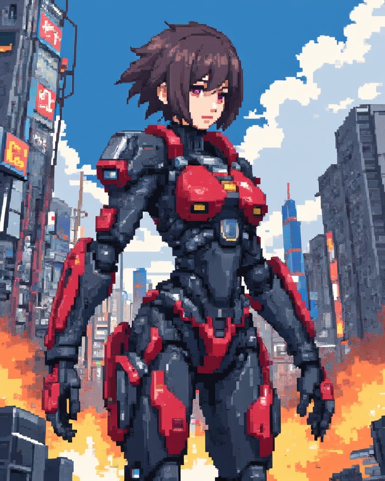 Mecha girl, town background, explosive, pixel art