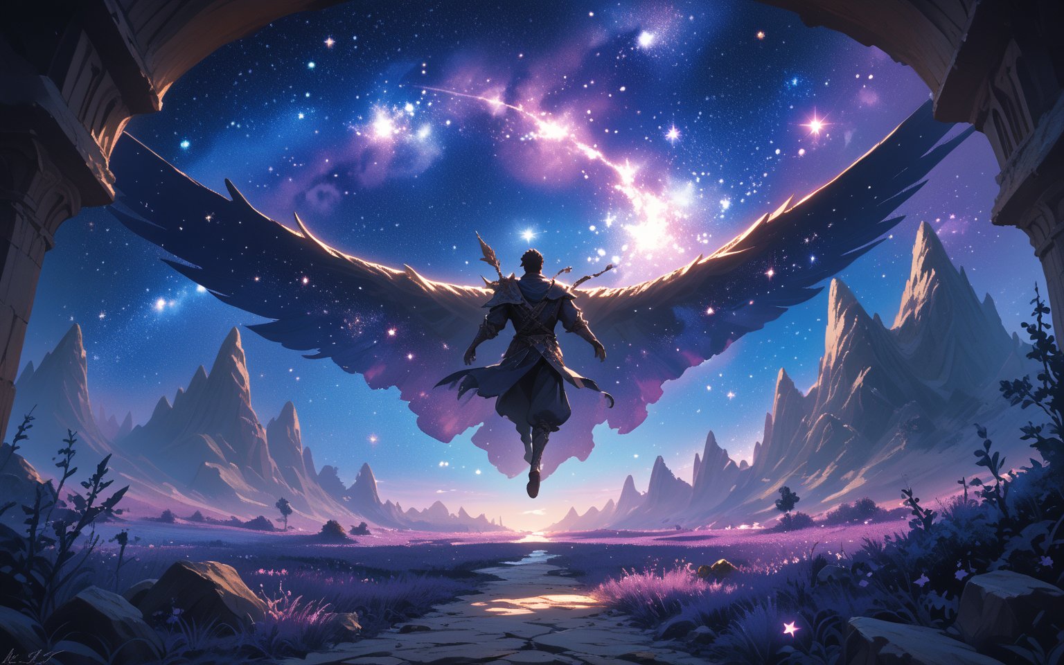 score_9,score_8_up,score_7_up, fantasy, 1boy, galaxy theme, purple stars flying, fantasy art, digital art, illustration, background