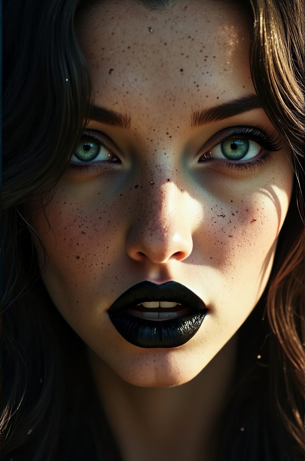 close up on face, great lighting, intricate detail, portrait of a female figure with fair skin. She has a piercing emerald green gaze. Her wavy dark brown hair frames her face. Her lips are beautiful and express a confident superiority. She wears black lipstick. High Detail, Perfect Composition, realistic photographic image, interesting backlighting, ArsMJStyle, dnddarkestfantasy, mythp0rt