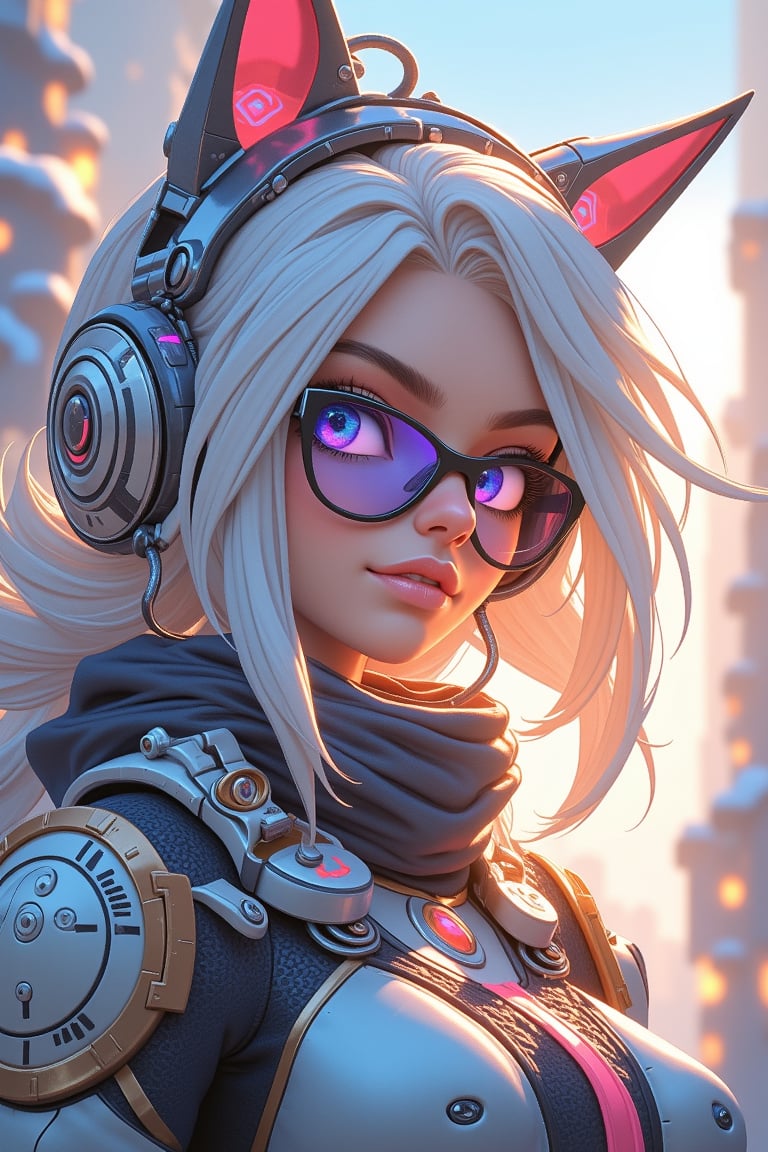 (((masterpiece))) , (((best quality))) , anime style, 2d, Golden ratio, selfie shot angle of a lowborn Futuristic Southern Sergeant (good-looking 1girl, solo:1.1) , in Bustled Dirac, White hairstyle, Feral Belt, ray-ban glasses and Fantasy Makeup, Snowy, Minecraft, Colorful, artstation, magic atmosphere, pure, ambient background, unique, enhanced quality