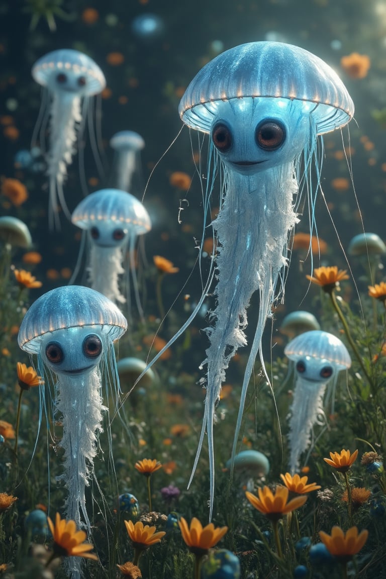 Tiny glowing creatures with wings, resembling a cross between fairies and jellyfish, floating above a meadow. Their expressions are wide-eyed and shocked as they stare at Earth animals like deer and birds, confused by the unfamiliar environment