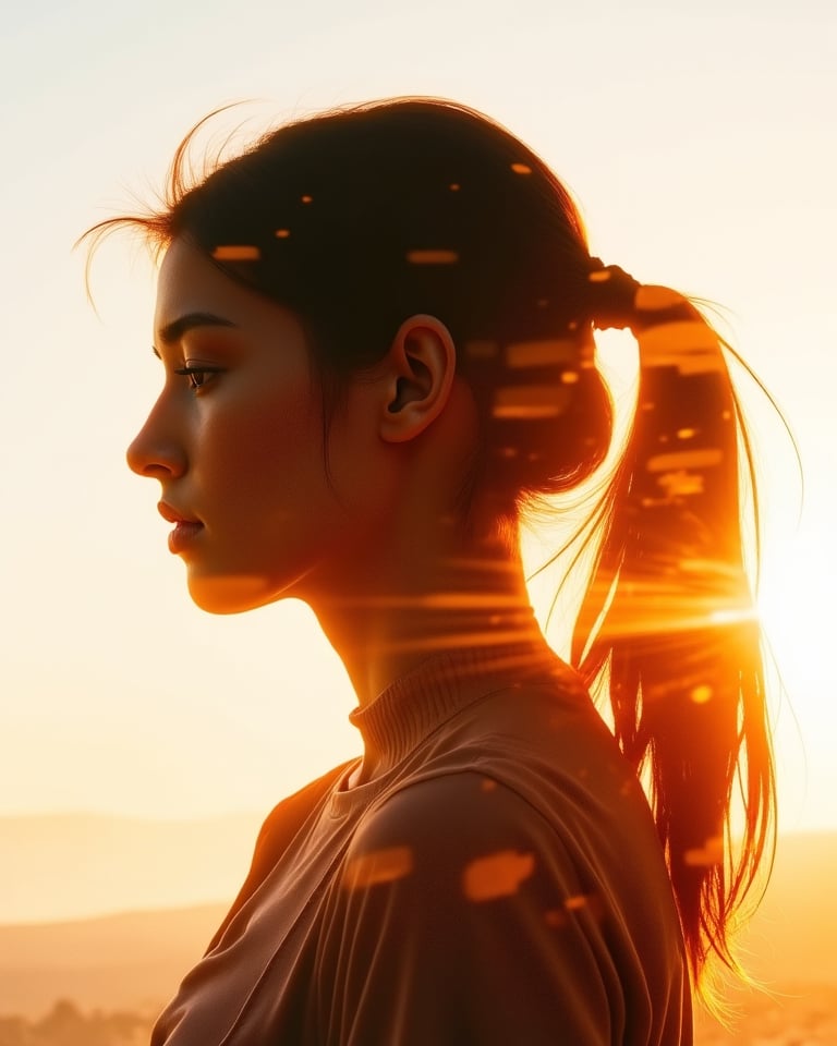 1girl, transparent hair effect, Warm Color Palette, Silhouette Outline, Double Exposure, Vignetting double exposure, double_exposure