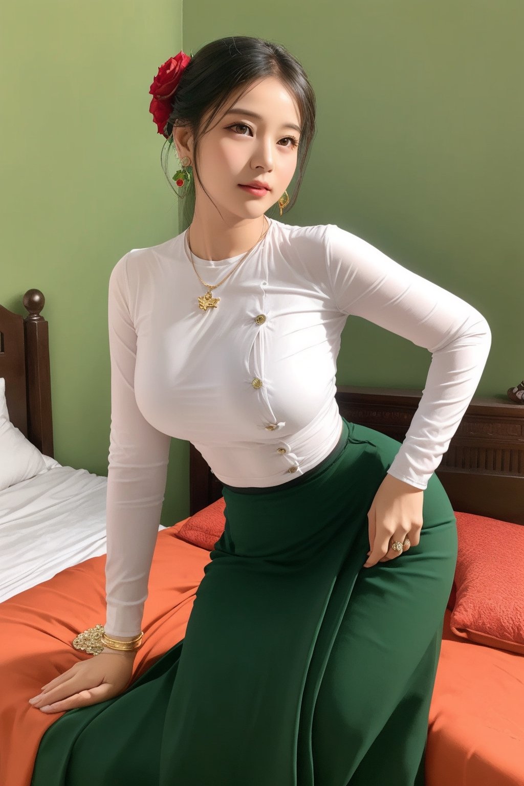 photorealistic, high resolution, masterpiece, best quality ,ultra-detailed, 1women, big hair bun ,  rose flower on the head,  mature female, solo, hips up, (undressing acmmsayarma outfit, acmmsayarma white top with buttons, long sleeves), ((acmmsayarma green long skirt)),Myanmar,doggystyle, on the bed of a school made of glass,Leaning_forward on pillow,Wearing Golden necklace,Golden and diamond earrings,Golden bracelet,Black watch