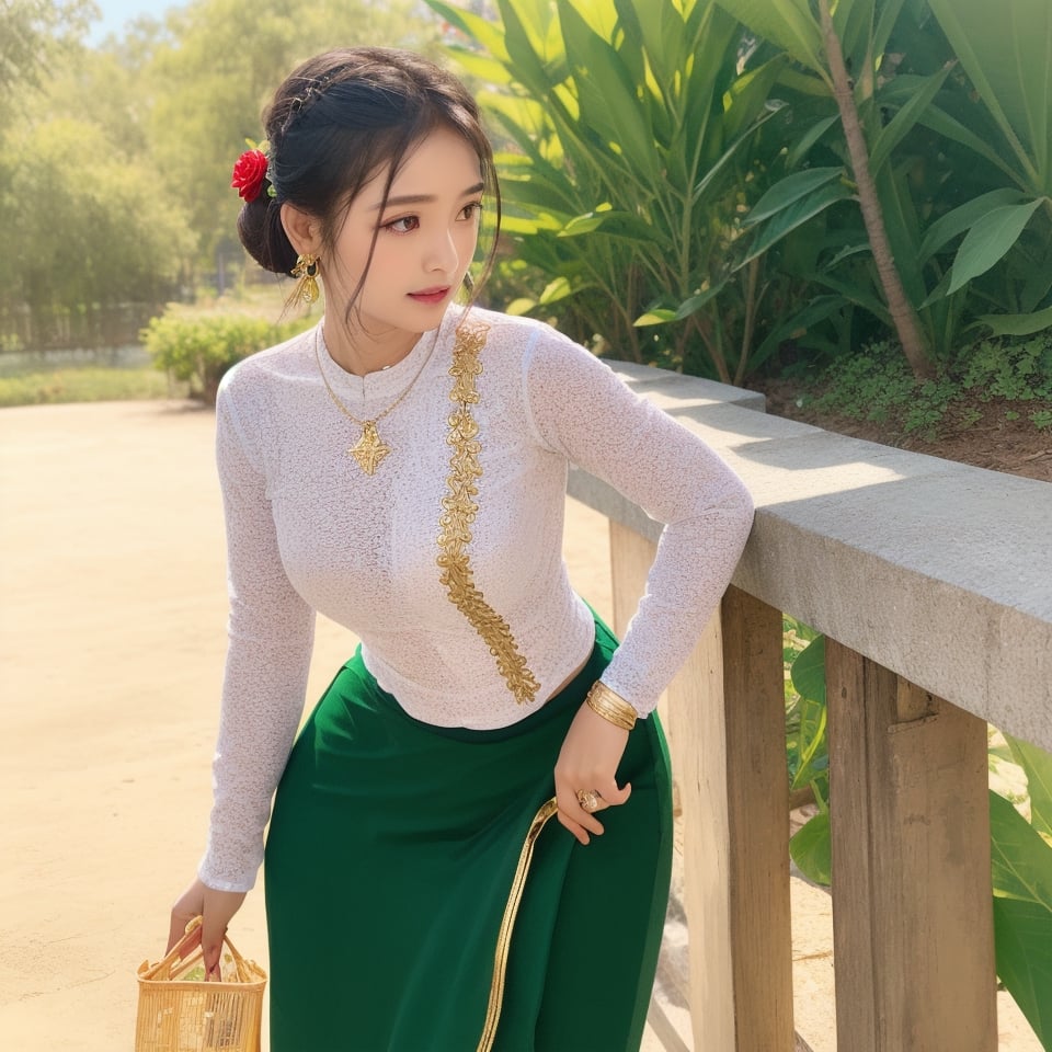 photorealistic, high resolution, masterpiece, best quality ,ultra-detailed, 1women, hair bun , Rose flower on the head,  mature female, solo, hips up, (undressing acmmsayarma outfit, acmmsayarma green top with Gold buttons, long sleeves), ((acmmsayarma green long skirt with single white strip)),Myanmar, leaning_forward,cowgirl position,wearing acmmsayarma outfit,wearing Gold accesories,Golden Necklace,Golden earrings,Golden bracelets