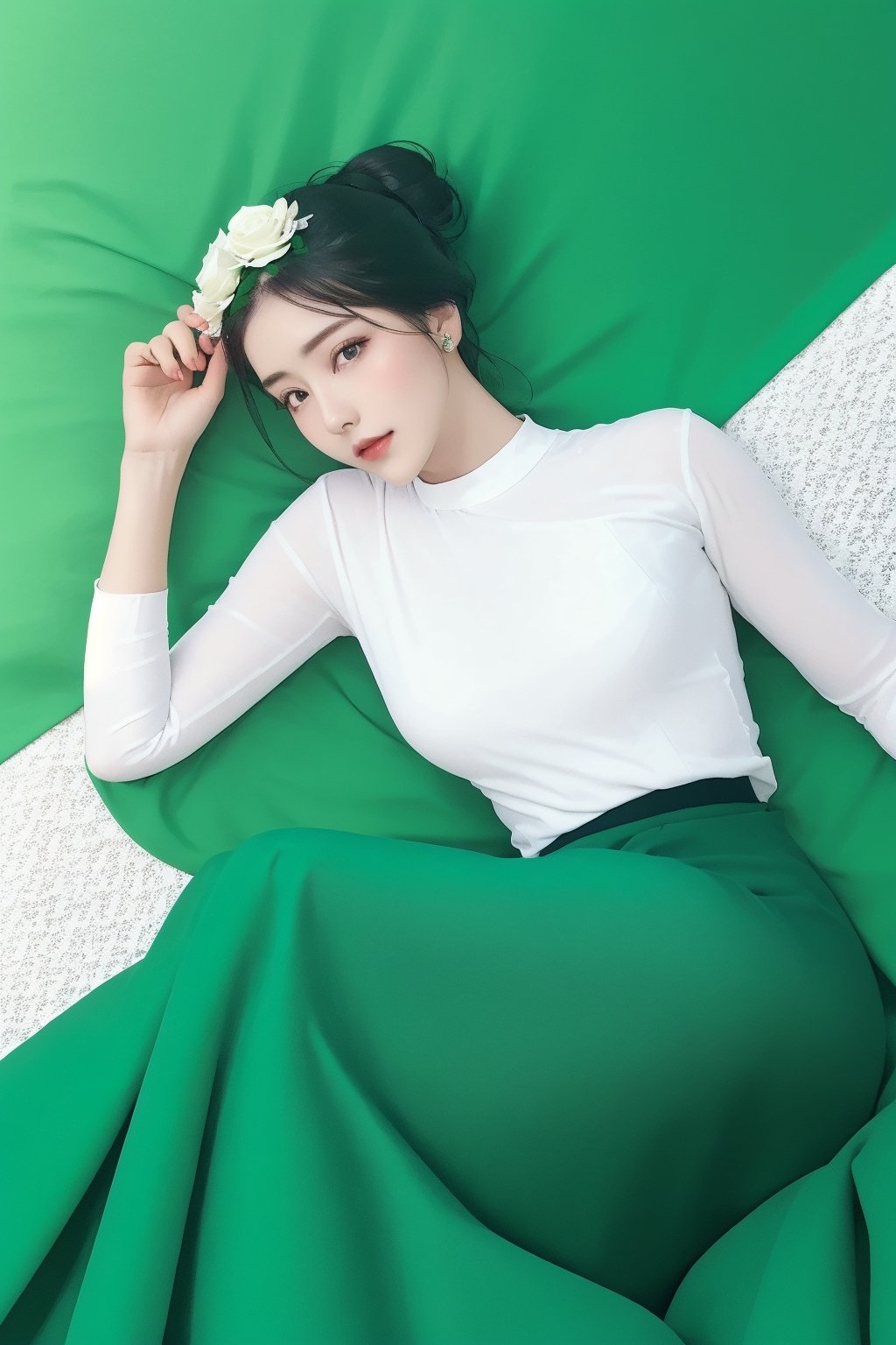 photorealistic, high resolution, masterpiece, best quality ,ultra-detailed,one girl on bed lying( emerald green and blue long skirt),hair bun ,rose flower on the head,accamsayarma outfit