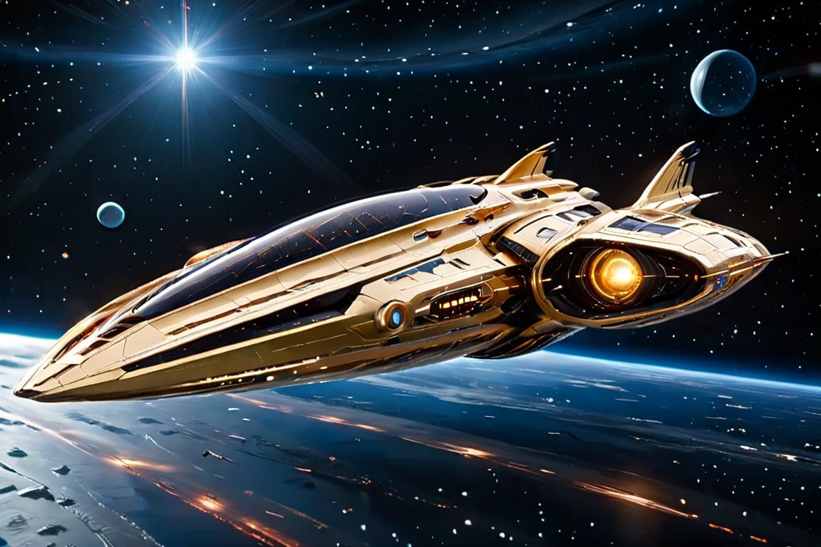 "The highly detailed concept art features a flat-shaped vertical take-off and landing jet equipped with stealth technology, set against the (Star Trek) series' signature visual style. This ensures the aircraft maintains the futuristic aesthetic of the (Star Trek) universe, while Blending advanced engineering with sleek aerodynamic lines. Considered glass textures, shiny metals and futuristic tech details convey the gritty vibe of the set. Capturing (Star Trek's) unique fusion of tech and futuristic elements in the design Essence of. (smooth hull plating), SpaceshipAI, 1 spaceship, in deep space, high resolution, detailed cockpit, smooth hull, side angle view, nebula in background, side side symmetry, symmetrical spaceship , rectangular engine like the Millennium Falcon, Star Wars theme, VCX-100 Light Freighter, shaped like a VCX-100 Light Freighter, movie, symmetry starship, starship, CGI, special effects, VFX, dynamic lighting, through camera Shot flying, flat shapes, heavy fighter aircraft, realistic,starship,Starship,Golden Warrior Mecha