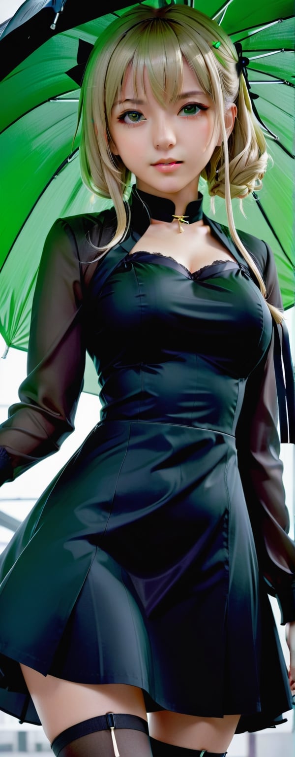 Masterpiece, Best quality, Photorealistic, Ultra-detailed, finedetail, high resolution, 8K wallpaper,  anime girl in a black dress with a green umbrella, artwork in the style of guweiz, made with anime painter studio, fine details. girls frontline, painted in anime painter studio, demon slayer rui fanart, anime visual of a cute girl, anime girl wearing a black dress, by Jin Homura, anime visual of a young woman, girls frontline cg,Ycen