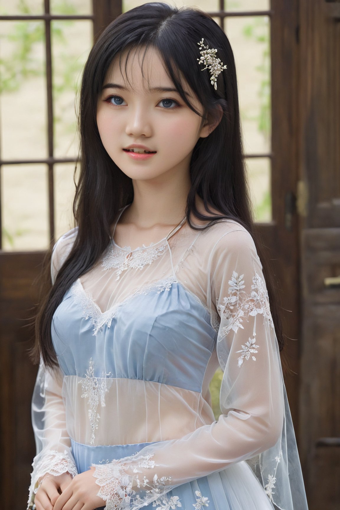 Masterpiece, Korean 16 year old girl, long straight black hair, dark blue eyes, full body photo ((best quality, 8k, super detailed)), full body photo, perfect anatomy, full body photo, kanna kamui, (18 years old Girl: 1.4), (Solo: 1.4), (Flat chest: 1.4), pretty face, blue transparent lace blouse, full body photo, (Wedding dress: 1.4), exposed navel, CENN, CCEN, Ycen, detailed XL, Expressiveh , pretty eyed girl,ao_yem