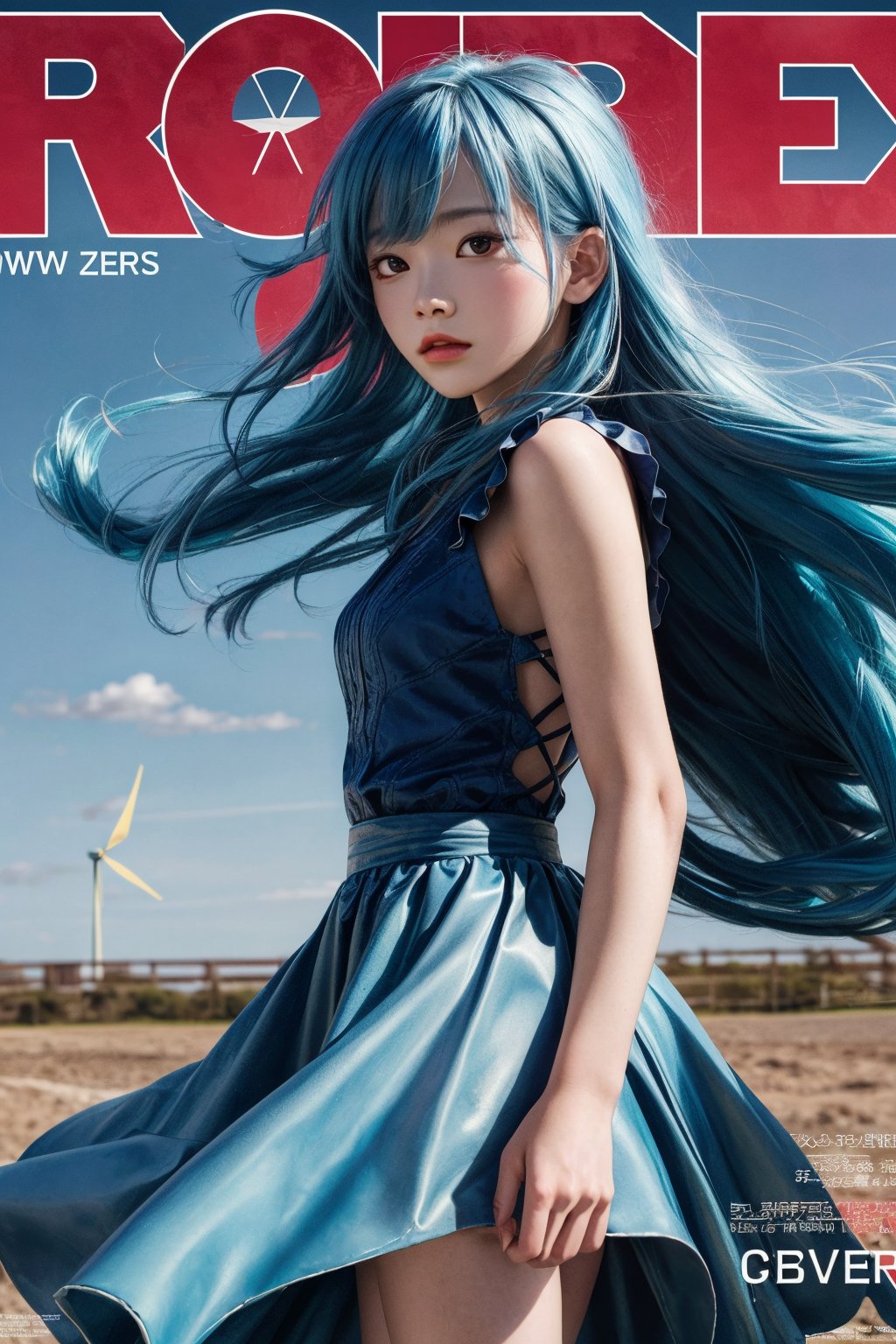(masterpiece, best quality:1.2), 
1girl, 
(Dynamic pose:0.8), 
(solo:1.5), 
(cowboy shot:1.2), 
(from side way:0.8),
(thigh:0.3), 





(((long hair))),(((blue hair ))),
(((dress skirt))),






(wind:1.5), 
(magazine cover title:1.3), 









,wgirl
