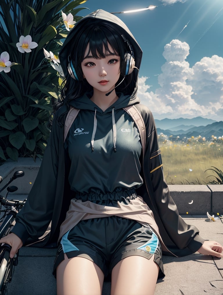 a cute korean girl large-eyed girl, bangs, long wavy hair, lying down, 
see through dress, sky, shorts, day, sword, cloud, hood, two-tone hair, blue sky, headphones, bike shorts, science fiction, orchid flowers, petals, 
octane rendering, ray tracing, 3d rendering, masterpiece, best Quality, Tyndall effect, good composition, highly details, warm soft light, three-dimensional lighting, volume lighting, Film light,cen