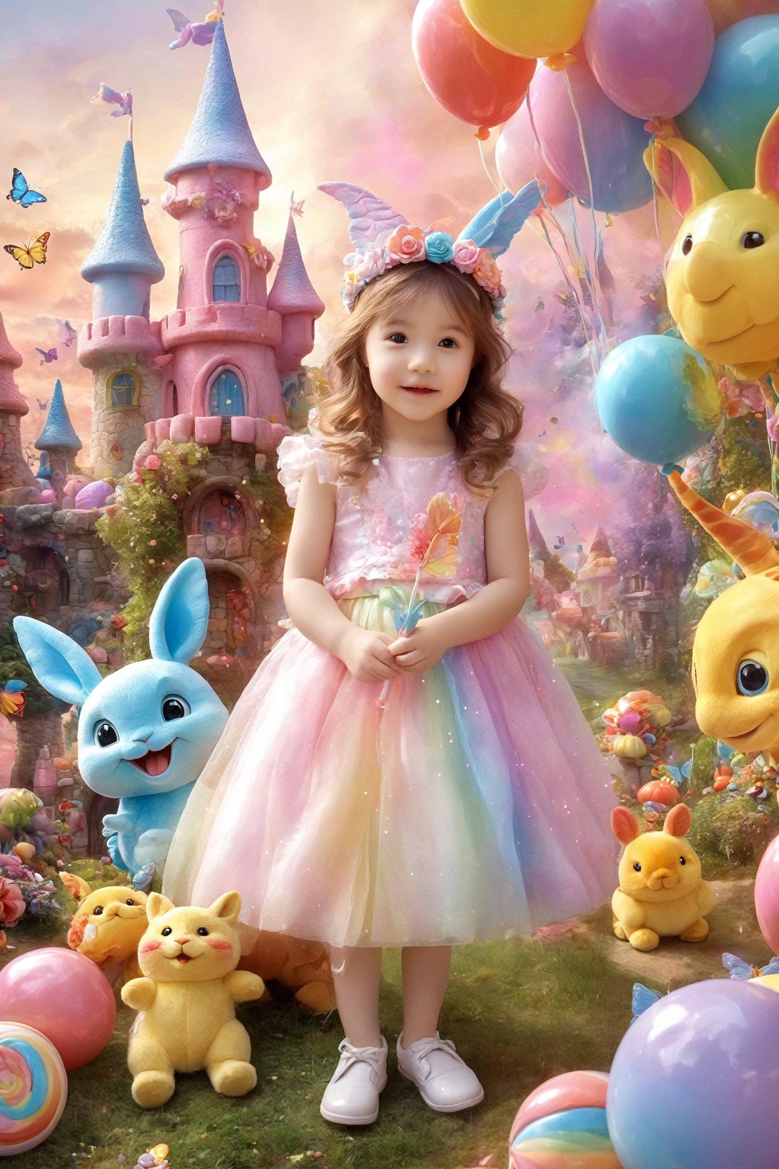 colorful and cute theme, a little girl, cute, innocent, rosy cheeks, floral dress, (sparkling headdress: 1.2), wand, (talking animal companion: 1.3), magical forest, colorful butterflies, magical creatures, (friendly dragon: 1.1), castle, rainbow, (floating fairy: 1.1), (huge lollipop: 0.9), (candy house: 1.2), (wishing well: 1.1), sparks, Happiness, Adventure (Storybook: 1.1), Fantasy, Fantasy, and Fantastic (Ray Tracing, HDR, Illusory Rendering, Reasonable Design, High Detail, Masterpiece, Best Quality, Ultra high Definition),kid_backdrop,cenn