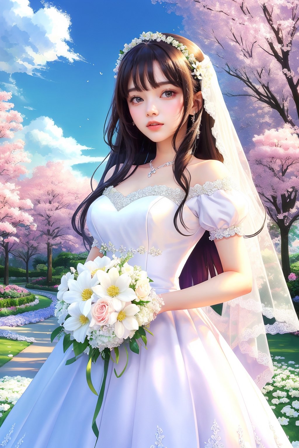 miku hatsune, long hair, white flower garden, wedding dress, holding bouquet, sliming, blue sky, no cloud, smiling, open mouth ray tracing, cinematic lighting, cuteness, freedom, hope, sharp focus, vibrant color, depth of field, cowboy shot, (intricate detail:1.2), (white theme:1.4), (blue tone:1.4), illustration, watercolor art, perfect light, 1 girl, beautiful korean girl, 18 yo, over sized eyes, big eyes, smiling, looking at viewer,S cen