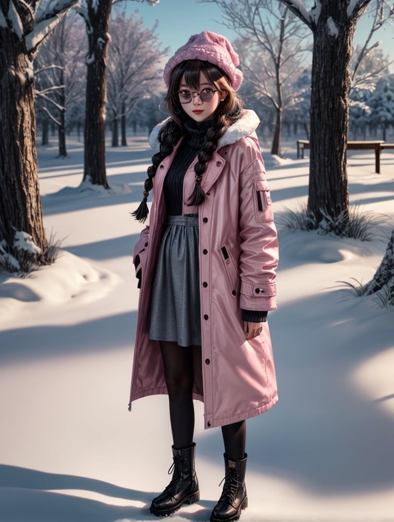 a cute korean large-eyed girl, bangs, long wavy hair, manga style, 
Full body of a realistic sweetness baby girl in winter, with two braids in her long black blonde hair, She is playing in an enchanted winter magic garden. pink colors, pink coat and hat, 
octane rendering, ray tracing, 3d rendering, masterpiece, best Quality, Tyndall effect, good composition, highly details,cen