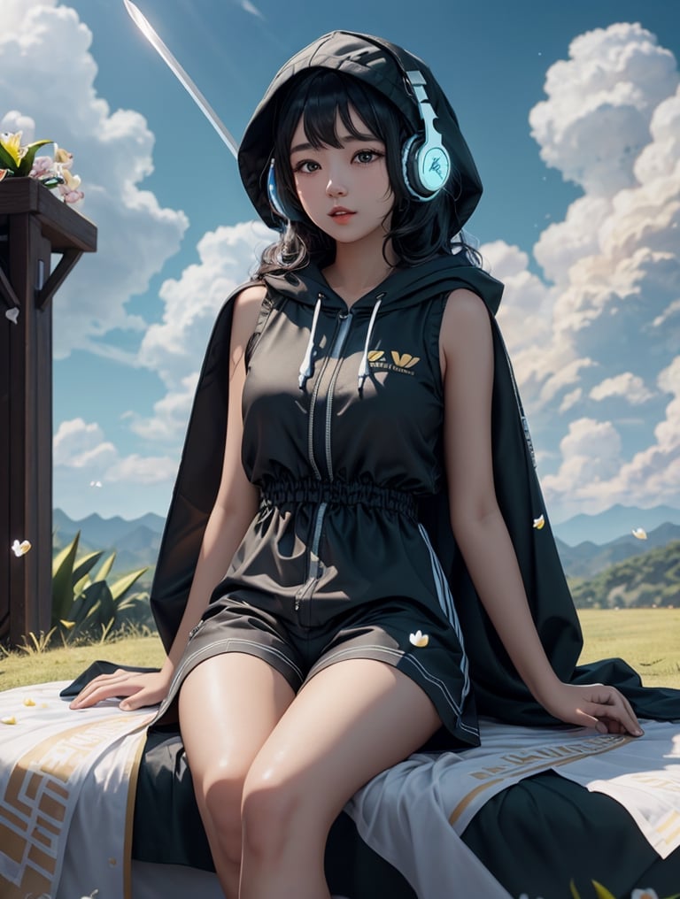 a cute korean girl large-eyed girl, bangs, long wavy hair, lying down, 
see through dress, sky, shorts, day, sword, cloud, hood, two-tone hair, blue sky, headphones, bike shorts, science fiction, orchid flowers, petals, 
octane rendering, ray tracing, 3d rendering, masterpiece, best Quality, Tyndall effect, good composition, highly details, warm soft light, three-dimensional lighting, volume lighting, Film light,cen