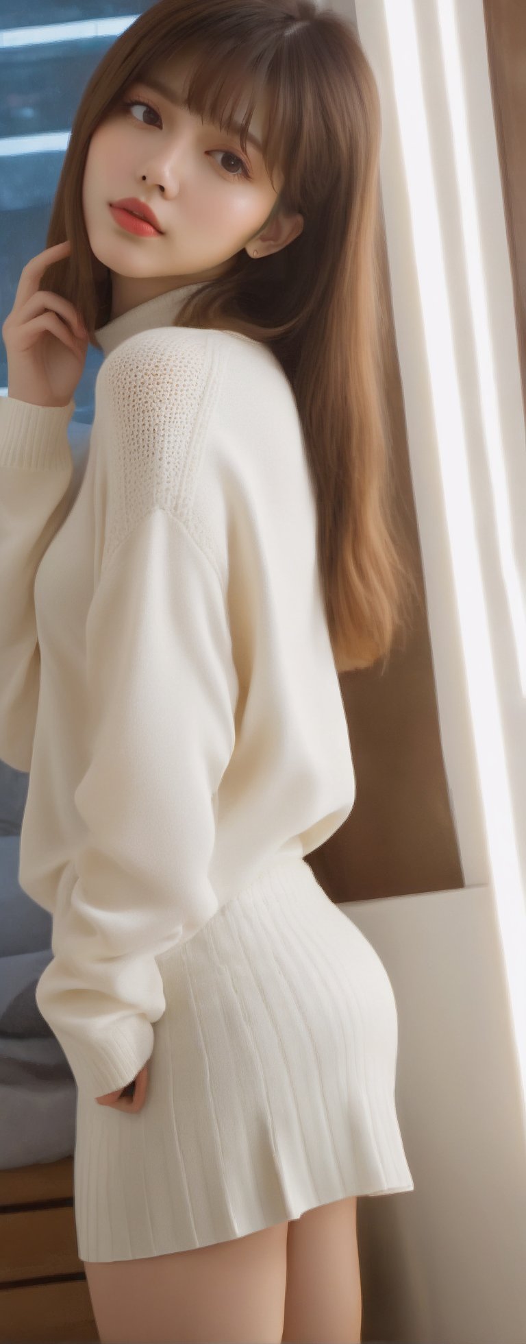 Reflected light, movie lighting, (eroticism: 1.3), 1 person, female, 20 years old, mysterious beautiful girl, delicate features, light brown hair, straight long hair, hanging hairstyle, (parting, bangs: 1.45), dynamic pose, (white turtleneck sleeveless knit sweater, bodycon cargo miniskirt), long boots, full moon night, bedroom, soft focus, excessive overexposure,
Airy Photo, Artstation Trend, (Full Body Portrait, Full Body Esbian),cenn,Ycen