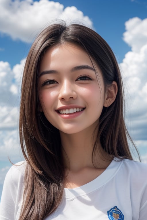 (1girl:1.2), (big smile), beautiful face, Amazing face and eyes, long silky brown hair, wearing white t shirt, delicate, (Best Quality:1.4), (Ultra-detailed), (extremely detailed beautiful face), cute smile, brown eyes, (highly detailed Beautiful face), (summer high school uniform:1.2), (extremely detailed CG unified 8k wallpaper), Highly detailed, High-definition raw color photos, Professional Photography, Realistic portrait, Extremely high resolution, smiling, (Clouds all over the sky, cloudy sky, lots of clouds:1.5), (cloudy day:1.5), half figure,q girl,cen,a smiling girl,cen0411-01,qcen