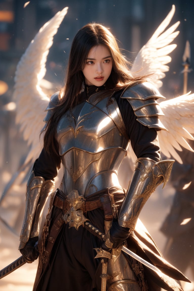 Battle of angel and devil In heaven,an angel who wearing armor, holding sword,Best Quality, 32k, photorealistic, ultra-detailed, finely detailed, high resolution, perfect dynamic composition, beautiful detailed eyes, sharp-focus, cowboy shot,holding sword,wgirl