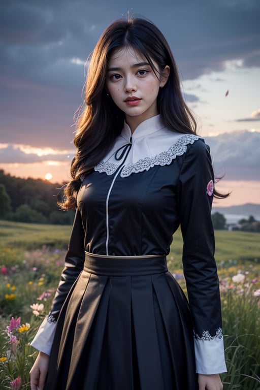 Masterpiece, best quality, 1girl, (colorful), (detailed beautiful eyes and detailed face), movie lighting, half-length shot, extremely detailed CG uniform 8k wallpaper, black hair, solo, smile, delicate skirt, ( (Flying petals)), (flowery meadow) sky, cloudy_sky, architecture, moonlight, moon, night, (dark theme: 1.3), light, fantasy,cen66