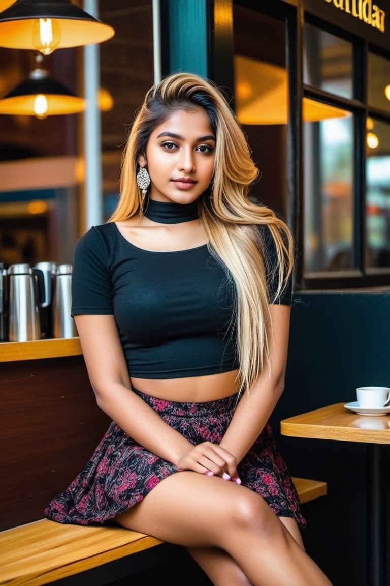 Lovely cute young attractive Indian teenage girls in a black crop top 20y pooear old cute an Instagram model long blonde hair colourful hair winter sitting in a coffee shop indian ,Indian,High detailed,Sexy Pose,Styles Pose,Striking Pose