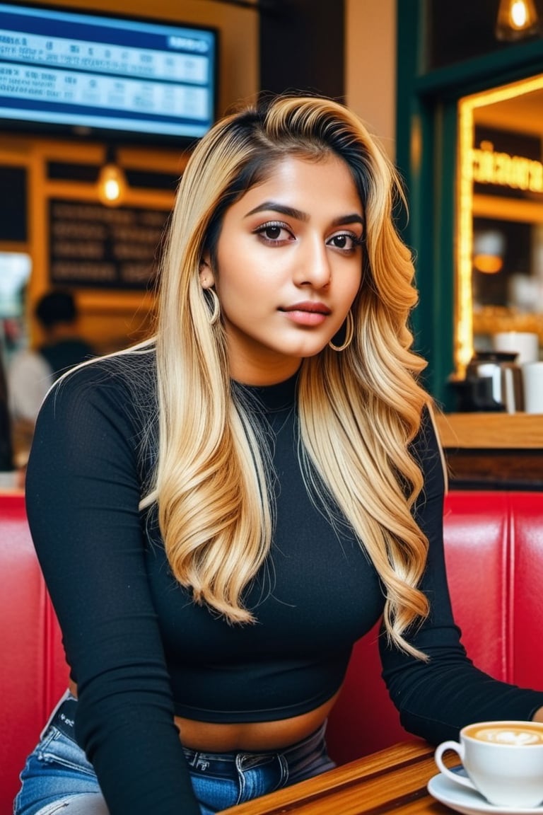 Lovely cute young attractive Indian teenage girls in a black crop top 20y pooear old cute an Instagram model long blonde hair colourful hair winter sitting in a coffee shop indian ,Indian,High detailed,Sexy Pose,Styles Pose,Striking Pose