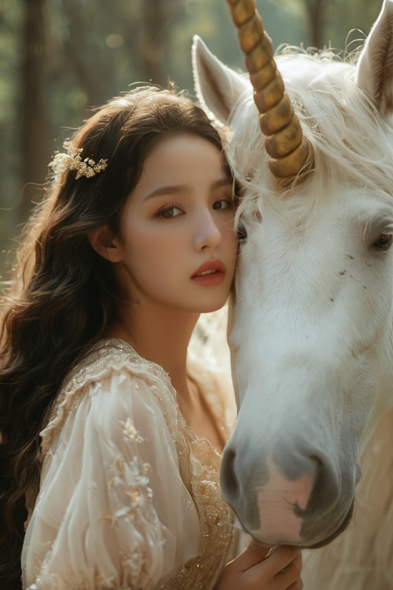 A close-up of a young woman and a white unicorn. The woman has long, wavy hair and is wearing a delicate lace dress. She is positioned closely to the unicorn, with her face almost touching its forehead. The unicorn has a golden horn and its mane is flowing, with some strands covering the woman's face. The background is blurred, emphasizing the subjects, and appears to be an outdoor setting with trees.
