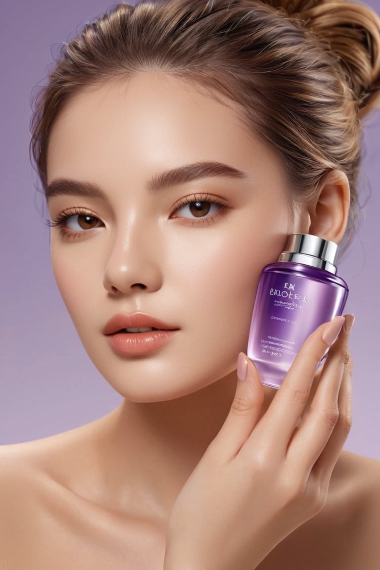 best quality, 8K, highres, masterpiece), ultra-detailed, lifestyle photography capturing a model holding a luxury skincare cosmetic product for an e-commerce thumbnail or product detail page. The model, with a radiant and healthy complexion, embodies elegance and confidence. They are holding the skincare product of purple color gracefully in their hands, positioning it to highlight its sophisticated design and the brand's logo prominently. The product itself has a sleek, modern look with metallic accents, and the model's interaction with it suggests its importance and effectiveness in a beauty routine. The background is minimalist and clean, ensuring the focus remains on the model and the skincare product. This setting not only showcases the product but also connects it with the lifestyle it promotes, inviting viewers to envision the luxury and quality of the skincare experience. The image is crafted to engage and inspire, emphasizing the product's appeal through the model's presentation and the subtle yet impactful visual storytelling.

