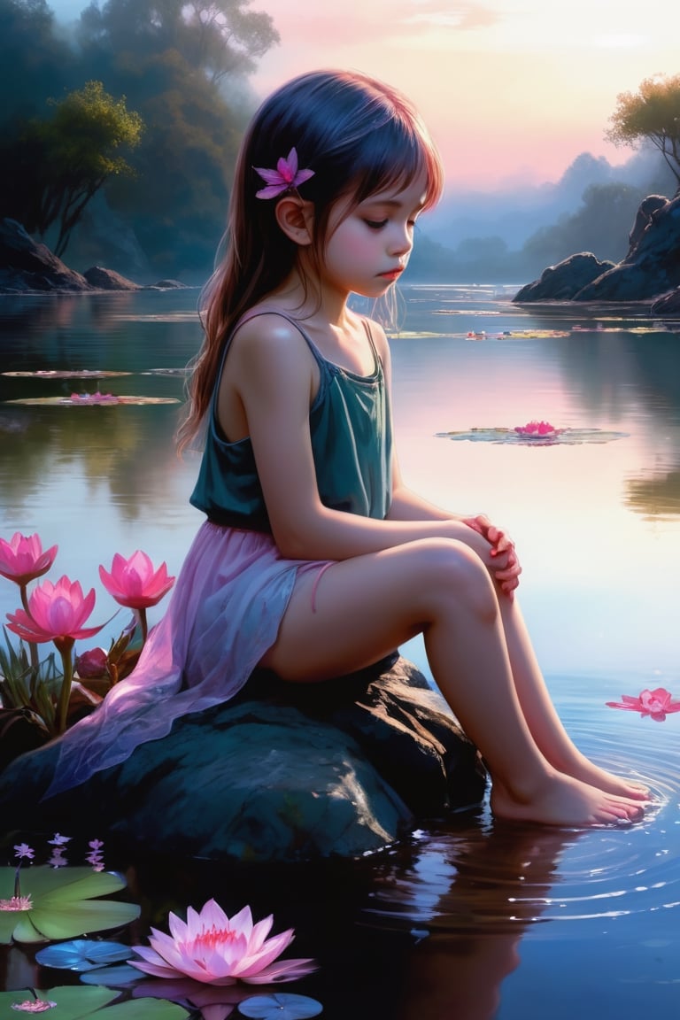 a girl sitting on a rock in the water, fantasy art, beautiful pink little alien girl, soft light misty yoshitaka amano, very sad emotion, reflecting flower, her hands are red roots, magali villeneuve and monet, detailed art in color, little girl, sitting at a pond, timid,1 girl, masterpiece,best quality 