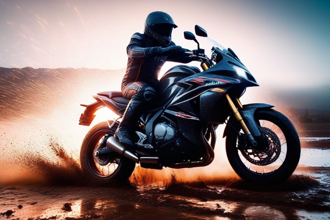 movie cover with action scene, setting and realistic style movie, ultra realistic photo style, without captions or text on the photo, sunset, A guy in an office business suit and a motorcycle helmet does extreme stunts in the mud on a cross bike, many many dirt around, face close-up, (extremely realistic pubic hair:1.7), (high angle shot:1.7), 30-year-old guy, (perfect sculpted cross bike:1.2), (perfect sculpted office business suit:1.2), (perfect sculpted motorcycle helmet:1.2), (very detailed shapely bike), (very detailed shapely office busiess suit), detailed background, ultra-realistic, photorealistic, 8k UHD, DSLR, extra sharp, professional photography, soft lighting, warm lighting, more detail XL, realistic, (NSFW:1.2), best quality, ultra-high resolution, dim light, ultra-detailed, hyperrealistic photography, two legs, two hands, extreme posing, black gloves, lightnings and fog around, maximum atmospheric photo, more rich neon lights and colors, the suit should be an office suit, not a motorcycle suit!, the mud flies in waves and chunks in all directions, spotlights shine,LegendDarkFantasy,glitter,Gigantic breasts,skpleonardostyle,niji5,Explosion Artstyle