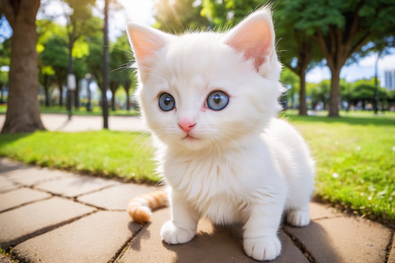 ((anime chibi style)), cute looking kitten with adorable eyes in the park, dynamic angle, depth of field