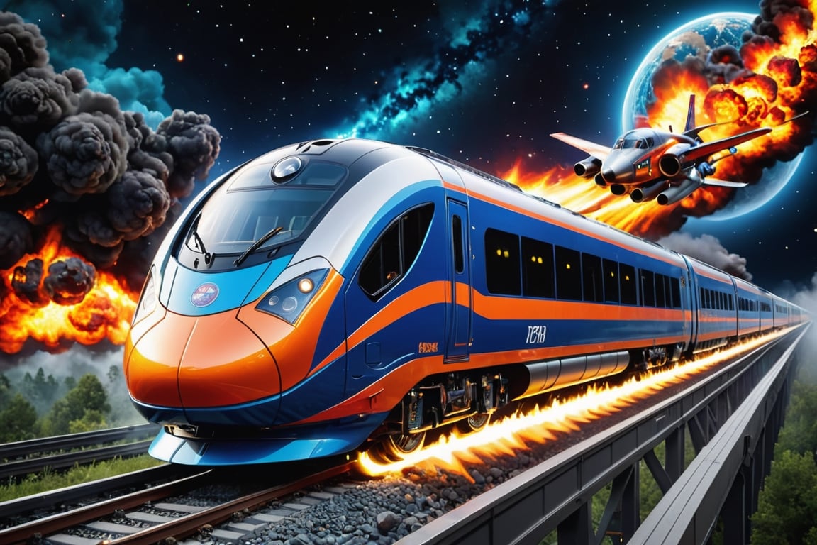 A captivating and futuristic image of a super real flying electric train, engulfed in fiery flames and soaring through the cosmos. The train is adorned with the legend "Journey through the stars of the universe with the virus of life of the space race." The entire scene is presented in cinema, illustration, and 3D visualization formats, creating a sense of depth and realism. The poster is a striking photo with the inscription "Fedya" prominently displayed, isolated on a black background., poster, photo, illustration