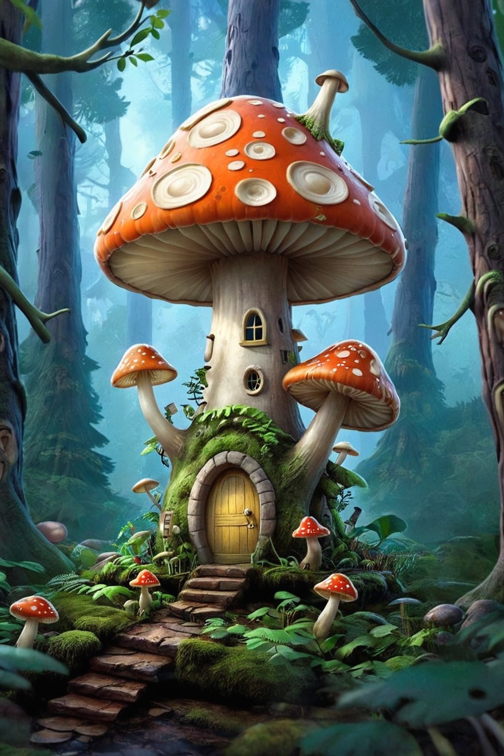 pixar art, a mushroom-shaped house in the forest