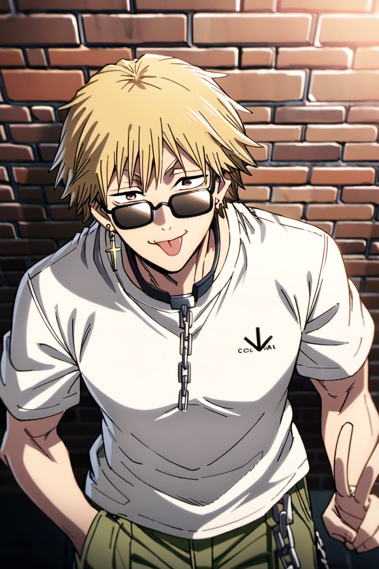 Anime_source, beautiful, beautiful, masterpiece, high quality, best quality, 4K, master work, denji_chainsaw_man, blonde hair, thin eyebrows, yellow eyebrows, brown eyes, short hair, cocky smile, tongue out, sharp teeth, large white t-shirt , (((black_cargo_pants_with_chains))) ((a_silver_cross_earring)) square dark glasses, hand_in_pocket, peace symbol with hands, V, front view, looking at camera, ((POV)), brick wall.