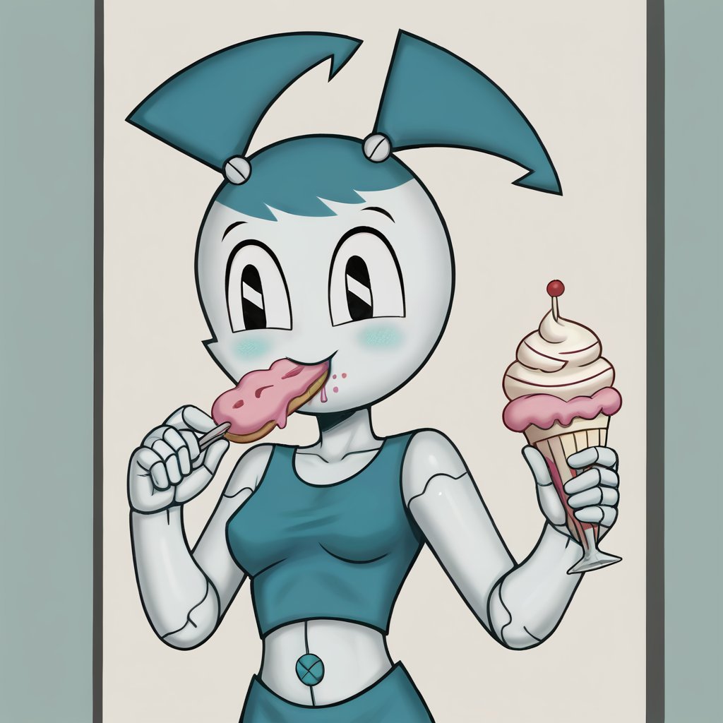 A ROBOT GIRL EATING ICECREAM
