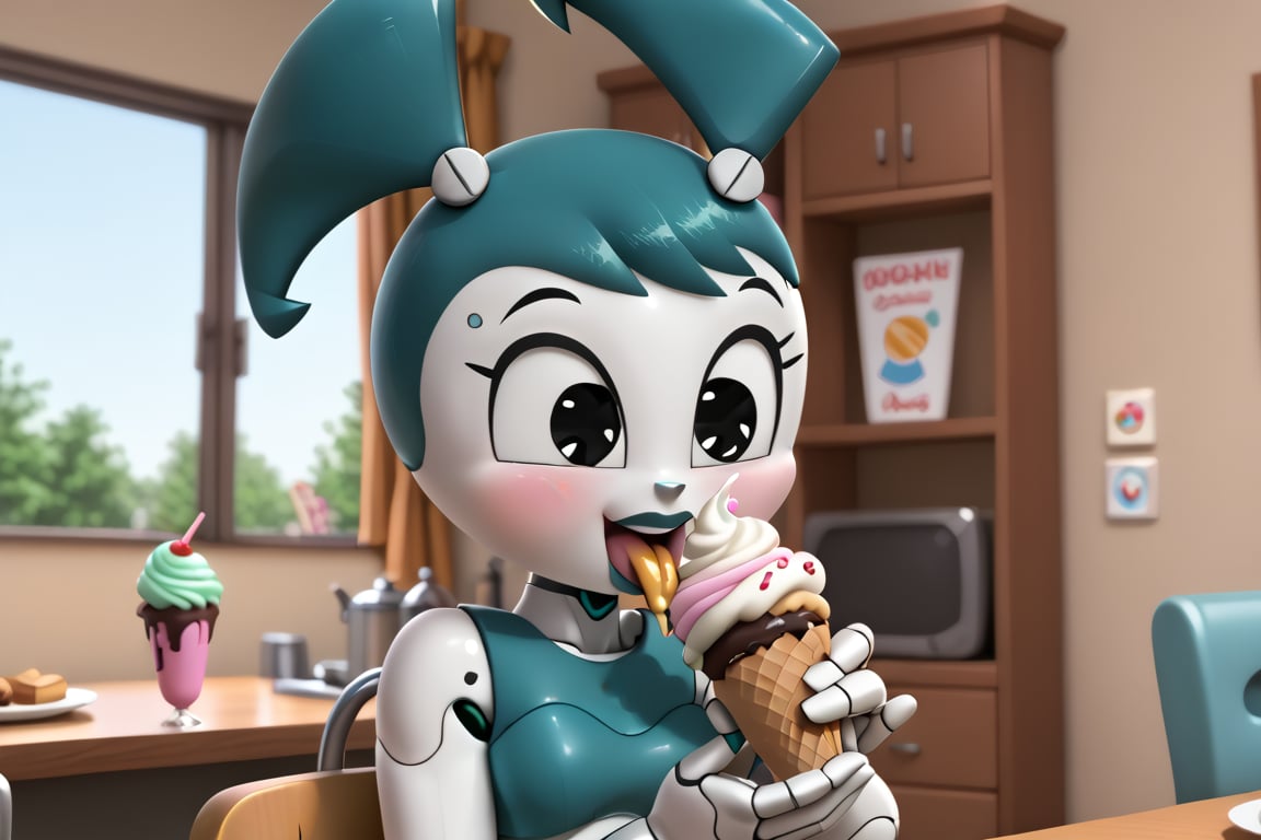 A ROBOT GIRL EATING ICECREAM
