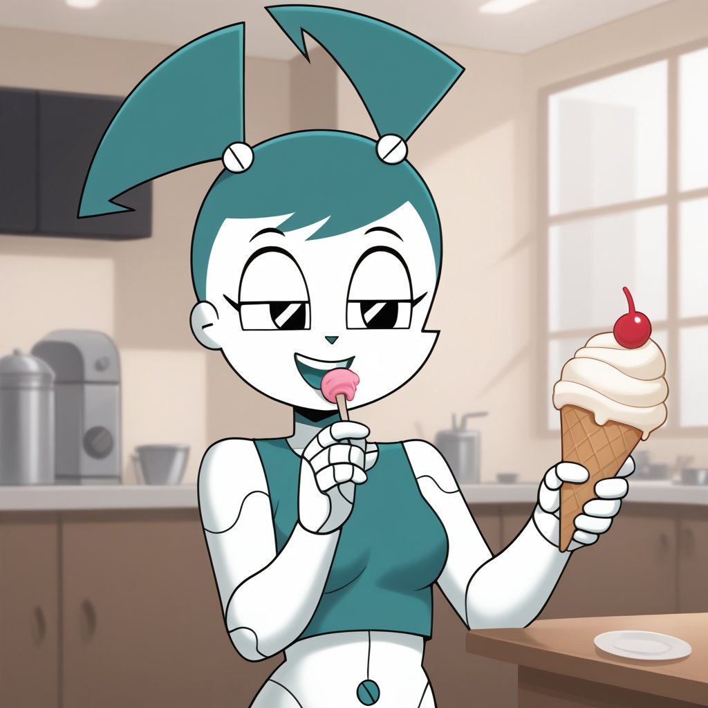 A ROBOT GIRL EATING ICECREAM
