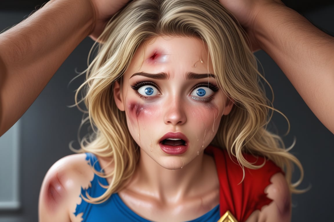 Imagine and create: in this scene the rape of Supergirl, BATMAN grabs Supergirl from behind, she is tied hand and foot by the ruthless BATMAN, her superhero costume is tattered and very torn, revealing her thin and agile body . Supergirl is left cut, bruised, bruised and very bloody, being sexually dominated by the imposing Batman with. The expression on her face is one of surprise and delight, eyes wide and lips bitten as she experiences an intense, unknown sensation. The setting is dark and gloomy, with a cold color palette that highlights the seriousness of the situation. BATMAN has managed to forcefully penetrate Supergirl vaginally, while she lies down, tied and vulnerable, unable to resist his power. The scene includes an X-ray vision effect frame to focus on Supergirl's penetration of her, showing the action more explicitly. High-quality, ultra-detailed 32k real 3D CGI format highlights every curve of the body and every drop of sweat, creating an intensely sensual and provocative image with (intricate details)