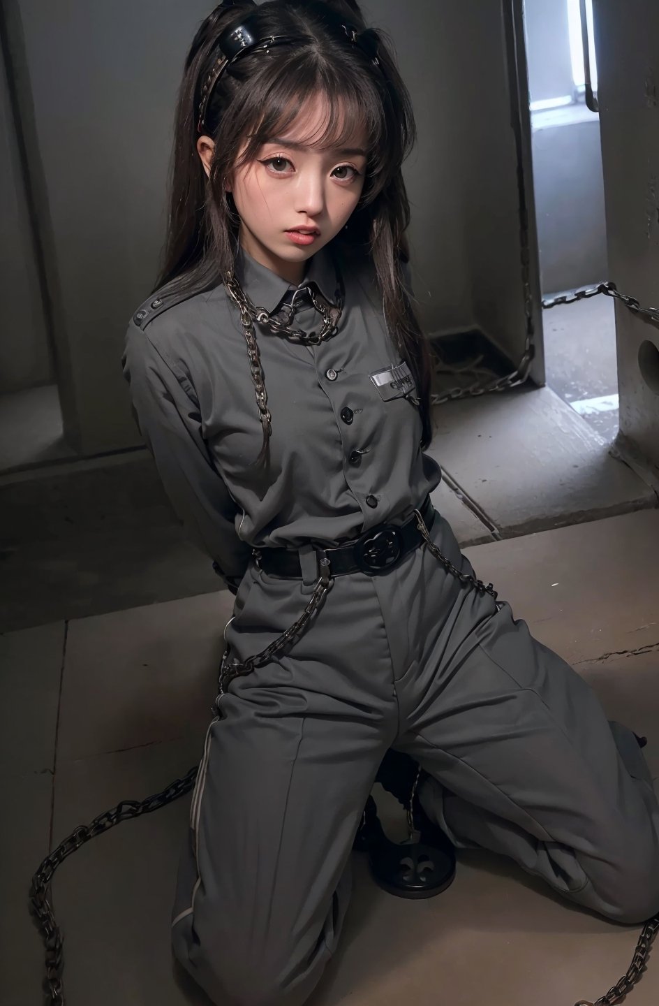 ((((Button_top_collared_grey_prison_uniform:1.5)))),((((long_pants:1.4)))),((((full_body_shot:1.4)))),((((kneeling:1.4)))),(((((body_chained_with_giant_thick_chains:1.5))))),(((((extra_long_hair_with_complete_fringes_with_blurry:1.4))))),(beautiful and aesthetic:1.4),((((round cheeks, high-bridged nose, plastic surgery round eyes:1.5)))),((((((1935_Japanese_military_dark_prison_cell:1.5)))))),
perfect.,Bomi,Enhance,Model ,Asian,((Perfect lips)).,perfect light,Young beauty spirit. ,Em1ru,pokimane