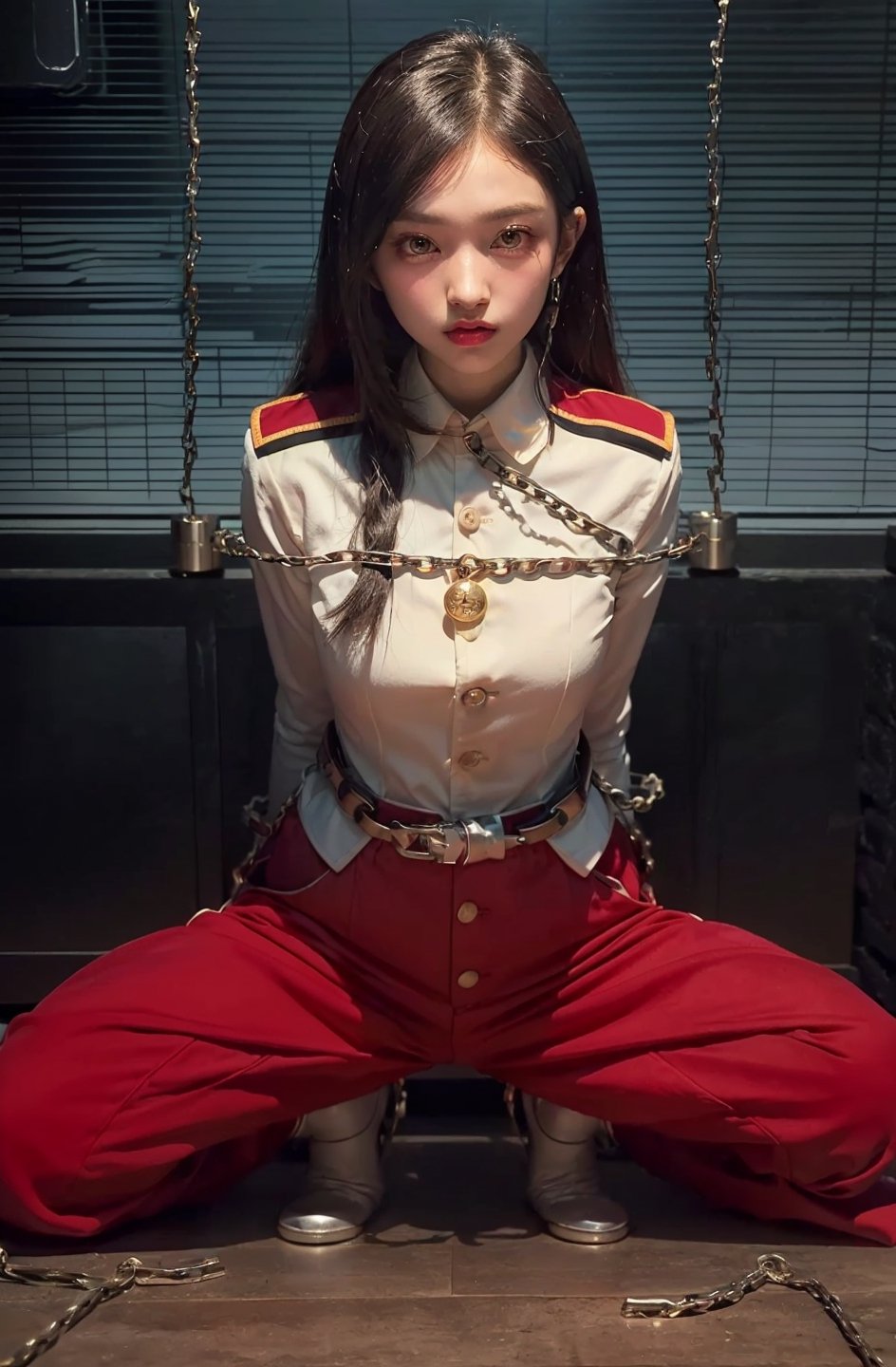 ((((Button_top_collared_long_sleeve_royal_guard_uniform:1.5)))),((((long_pants)))),((((full_body_shot:1.4)))),((((kneeling:1.4)))),(((((body_chained_with_thick_chains:1.5))))),(((((extra_long_hair_with_complete_fringes_with_blurry:1.4))))),(beautiful and aesthetic:1.4),((((round cheeks, high-bridged nose, plastic surgery round eyes:1.5)))),((((((dark_prison_cell:1.5)))))),
perfect.,Bomi,Enhance,Model ,Asian,((Perfect lips)).,perfect light,Young beauty spirit. 