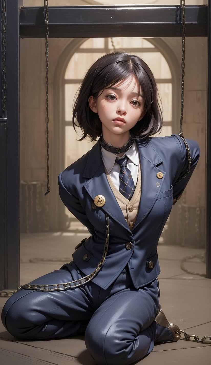 (Barleycorn_button_navy_blazer_jacket:1.6),(button_waistcoat_wear_inside_blazer:1.5),(top_button_collared_shirt:1.4),(necktie:1.4),(long_pants:1.4),(kneeling_on_the_floor:1.3),(establising_far_shot:1.5),(arms_tied_behind_back:1.7),(arms_tied_with_thick_chains:1.8),(((long_hair_with_complete_bangs:1.6))),(((beautiful and aesthetic:1.4))),(((((tired_face:1.7))))),((((spread_legs:1.6)))),((((plastic_surgery_round_eyes, round_cheeks, high-bridged_nose:1.5)))),(((((dark_prison_cell:1.5))))),
perfect.,Bomi,Enhance,Model ,Asian ,eungirl,((((1girl)))).,((Perfect lips)).,1 girl,(lora:Ultra_Detailer:1).