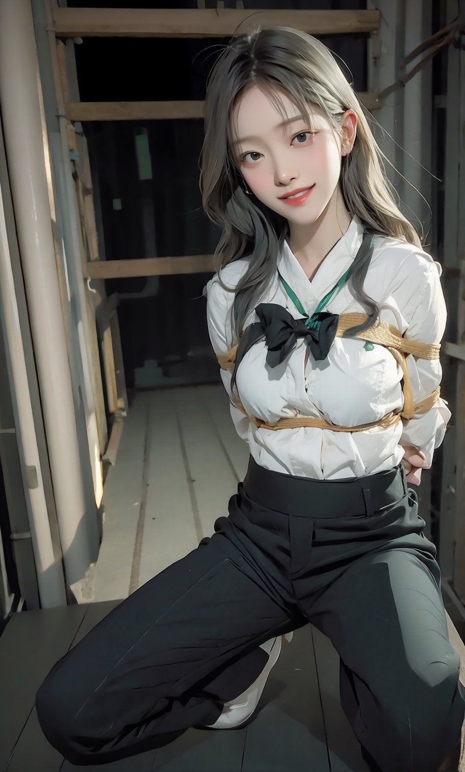 (((Far full body shot))), (((establishing shot))), (1girl), (((young Korean girl))), ((((kneeling)))), ((((((black tuxedo suit:1.4)))))), (((long pants))), ((((arms_behind_back)))), ((((smile face)))), ((spread legs)), (((dark prison cell))), ((((spread legs:1.4)))), ((((plastic surgery huge shining round eyes:1.3)))), ((((looking at viewer)))), (((gorgeous green eyes))). (((White hair))), (long hair with fringes with blurry).,masterpiece,((medium_breast_bondage)). ,Bomi,Young beauty spirit ,Best face ever in the world,1 girl,Ava,portrait,ava,AVA,JeeSoo ,sangonomiya kokomi (sparkling coralbone)