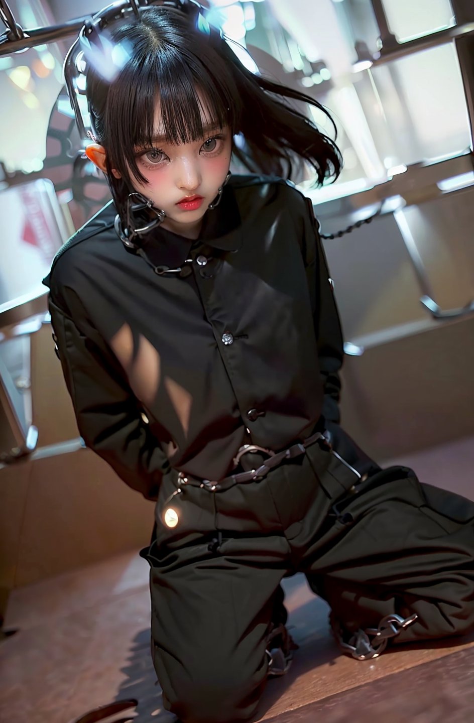 ((((Button_top_collared_long_sleeve_black_prison_uniform:1.5)))),((((long_pants)))),((((full_body_shot:1.4)))),((((kneeling:1.4)))),(((((knees_chained_with_thick_chains:1.5))))),(((((extra_long_hair_with_complete_fringes_with_blurry:1.4))))),(beautiful and aesthetic:1.4),((((round cheeks, high-bridged nose, plastic surgery round eyes:1.5)))),((((((dark_prison_cell:1.5)))))),
perfect.,Bomi,Enhance,Model ,Asian,((Perfect lips)).,perfect light,Young beauty spirit. 