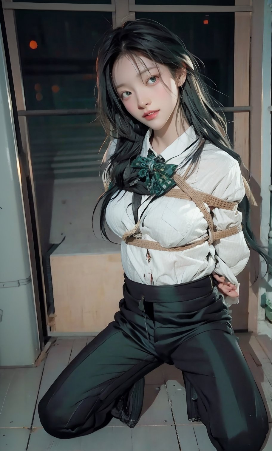 (((Far full body shot))), (((establishing shot))), (1girl), (((young Asian girl))), ((((kneeling)))), (((((((black tuxedo suit:1.4))))))), (((long pants))), ((((arms_behind_back)))), ((((smile face)))), ((spread legs)), (((dark prison cell))), ((((spread legs:1.4)))), ((((plastic surgery huge shining round eyes:1.3)))), ((((looking at viewer)))), (((gorgeous green eyes))). (((White hair))), (long hair with fringes with blurry).,masterpiece,((medium_breast_bondage)). ,Bomi,Young beauty spirit ,Best face ever in the world,1 girl,Ava,portrait,ava,AVA,JeeSoo ,sangonomiya kokomi (sparkling coralbone)