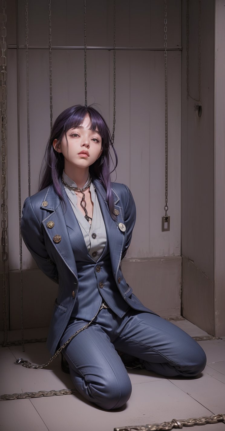 (Barleycorn_button_navy_blazer_jacket:1.6),(button_grey_waistcoat_wear_inside_blazer:1.5),(top_button_collared_shirt:1.4),(necktie:1.4),(long_pants:1.4),(kneeling_on_the_floor:1.3),(establising_shot:1.5),(arms_tied_behind_back:1.7),(arms_tied_with_thick_chains:1.8),(((long_hair_with_complete_bangs:1.8))),(((beautiful and aesthetic:1.4))),(((purple_dye_hair:1.4))),(((((tired_face:1.7))))),((((spread_legs:1.6)))),((((plastic_surgery_round_eyes, round_cheeks, high-bridged_nose:1.5)))),(((((dark_prison_cell:1.5))))),
perfect.,Bomi,Enhance,Model ,Asian ,eungirl,((((1girl)))).,((Perfect lips)).,1 girl,(lora:Ultra_Detailer:1).