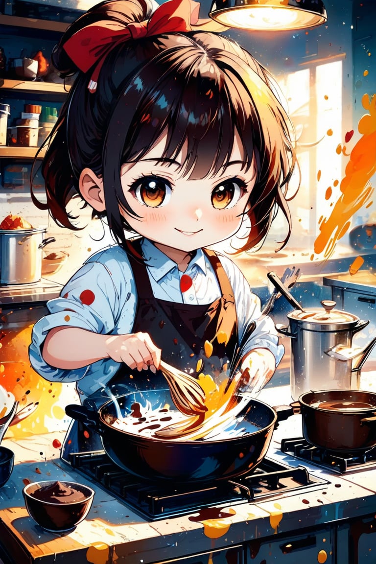 A very cute girl, chibi style, cooking, chocolate, mixing, ink brushstrokes in background mastepiece quality, stunning image, looking at viewer, anime girl, colorful, Ink art style.,Anime style